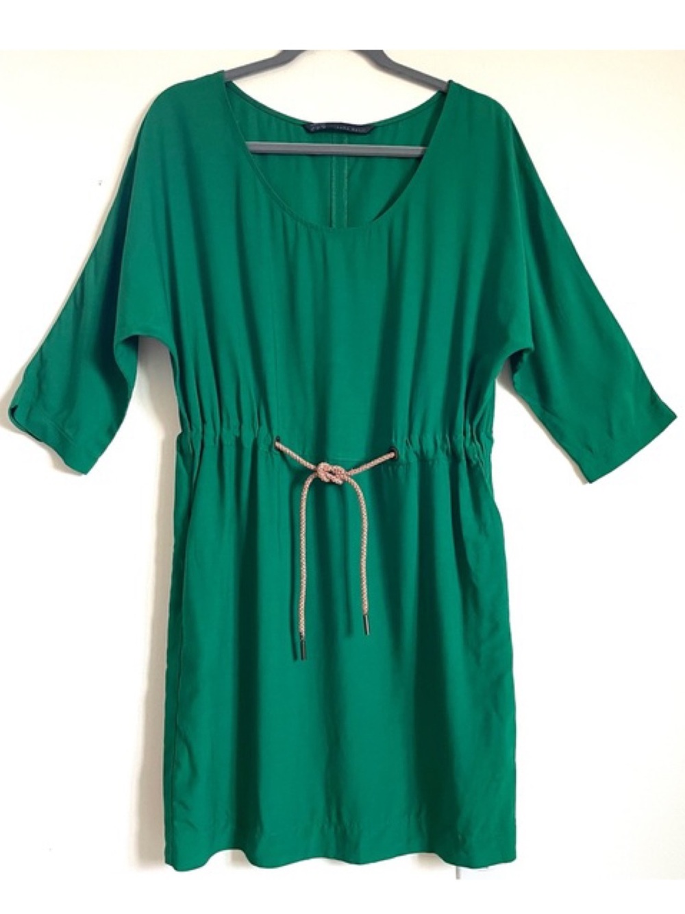 Zara Cinch Tie Waist Green Mini Dress With Faux Leather Belt M EUC Boho